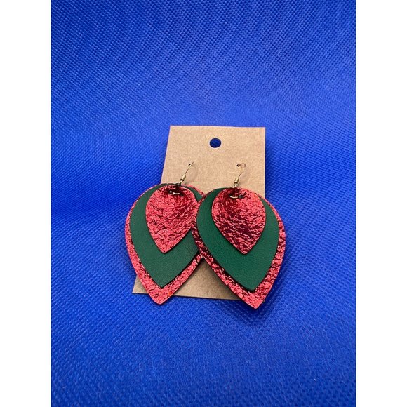 Red, green faux leather drop earrings - Picture 2 of 3